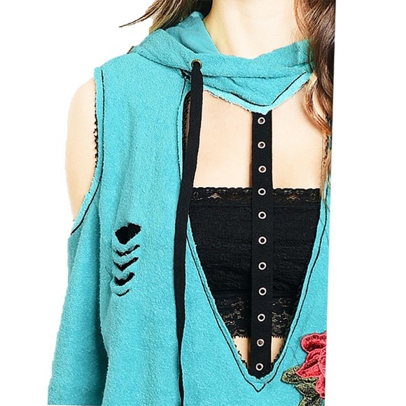 Moto Hippie Distressed Hoodie Tunic Sweater Top AQ - Picture 4 of 8